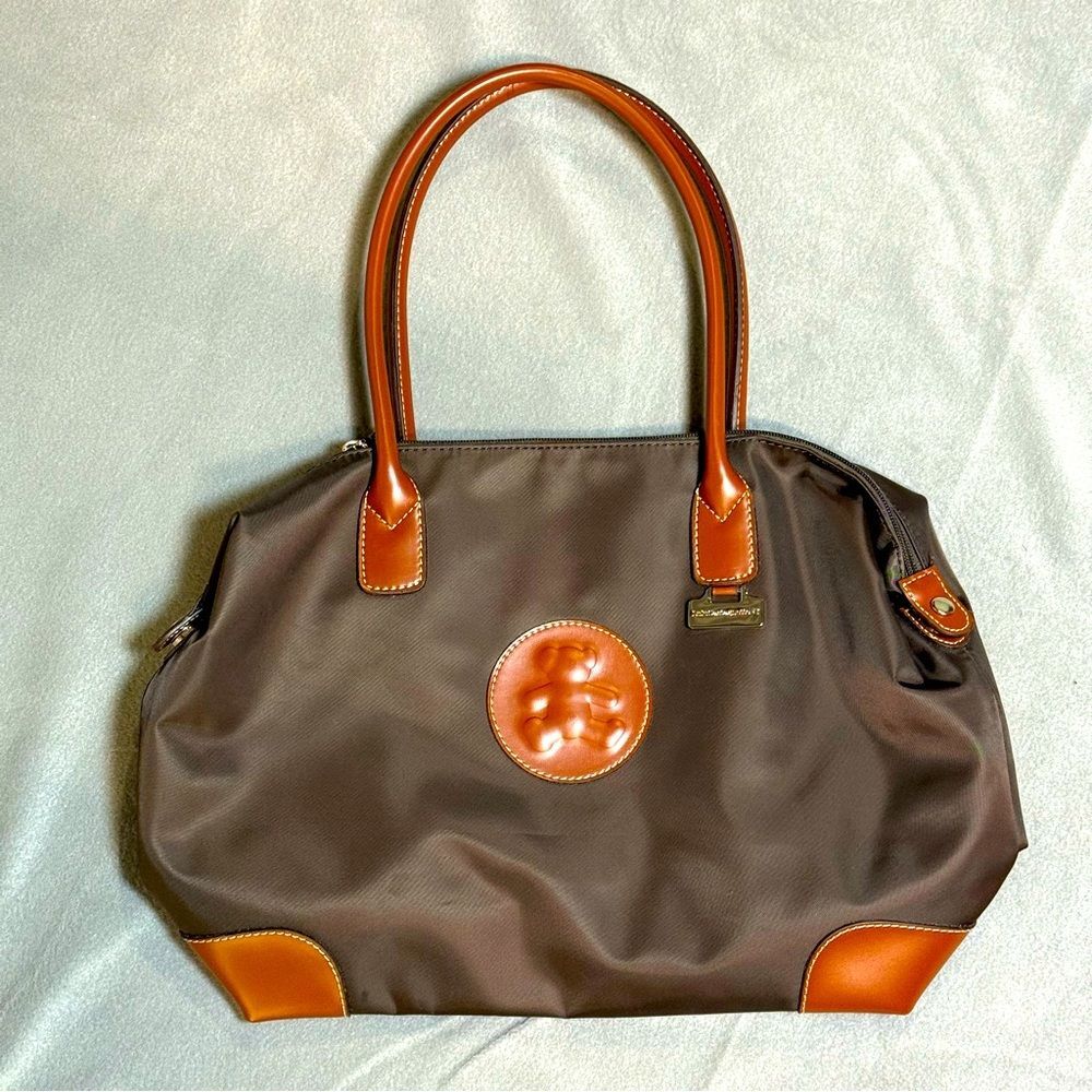 LuluCastagnette Brown Nylon Tote Bag‎ Tan Leather Trim Medium Shoulder Bag